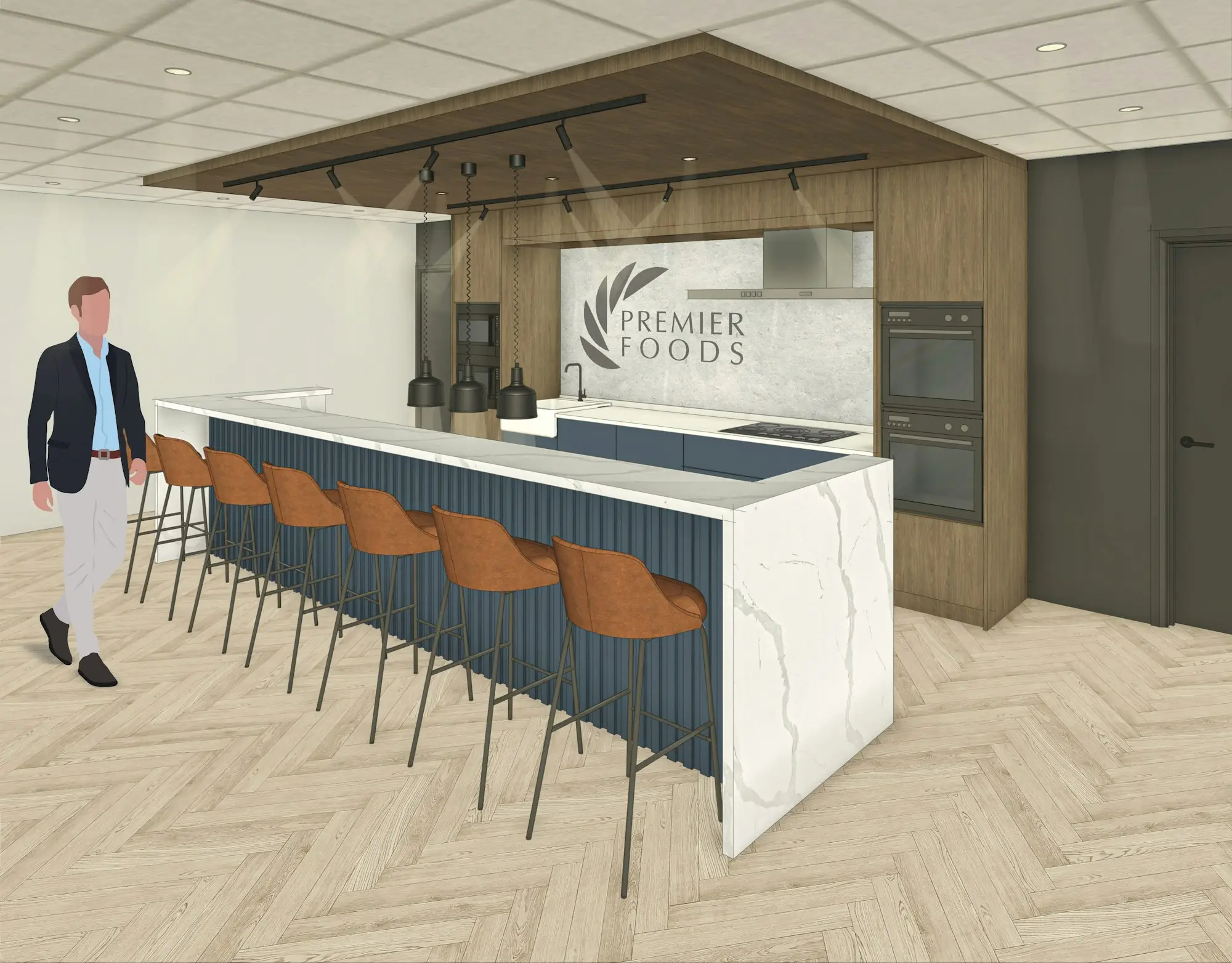 Modern kitchen island with stools and marble benchtops