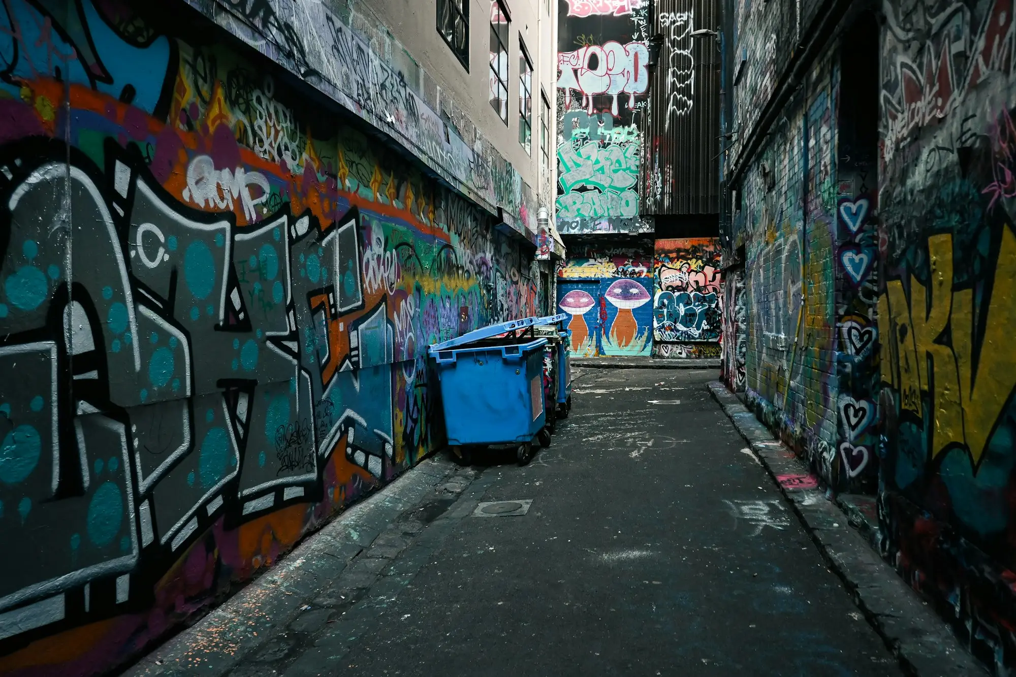 A narrow Melbourne laneway covered in street art